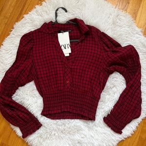 Zara Red Plaid Cropped Blouse NWT!